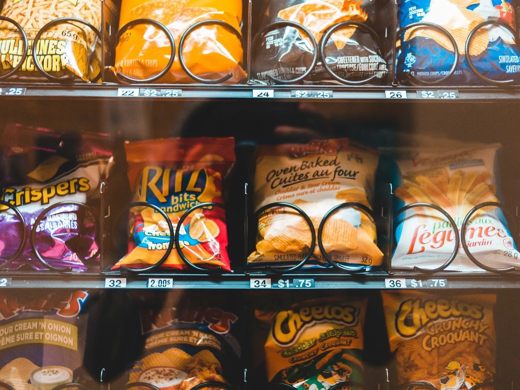 Bags of chips on spiral coils in a snack vending machine, with prices of $1.75 to $2.25 on the shelf labels